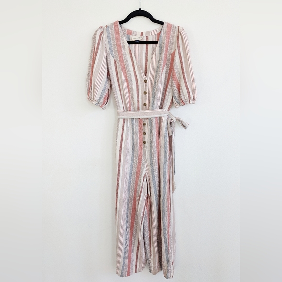 Universal Thread V-Neck Pastel One Piece Linen Blend Stripes Jumpsuit. S - Picture 3 of 8